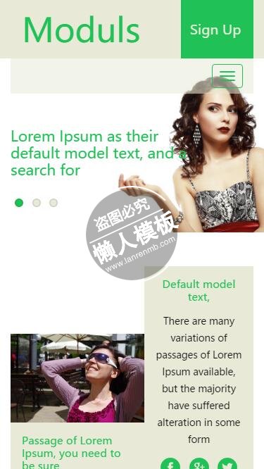Moduls绿色风格左右图文html5手机wap时尚女性网站模板免费下载