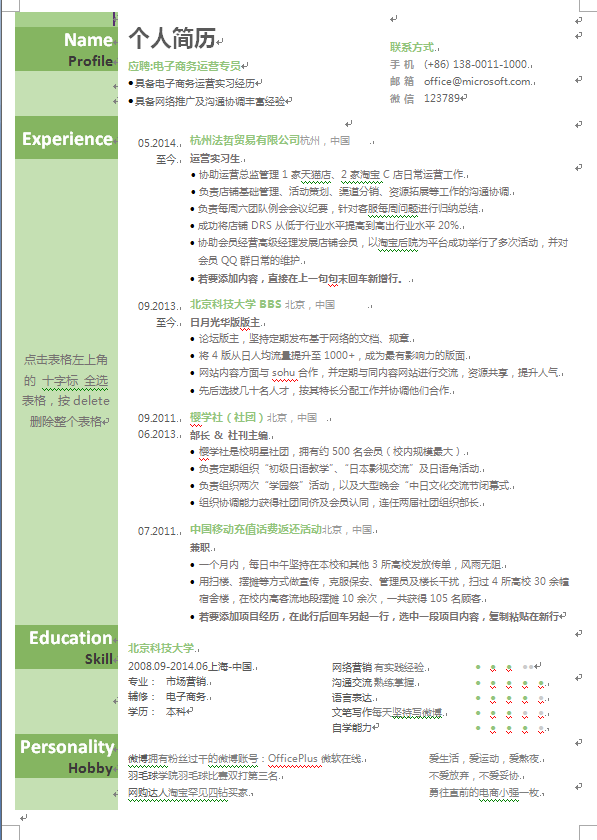 绿色条状中文单页电子商务类个人简历模板免费下载