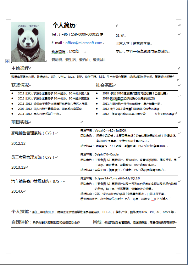 无色简洁中文单页信息管理类个人简历模板免费下载