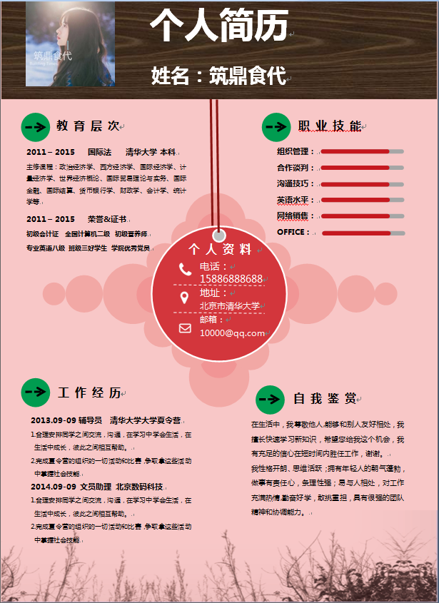 粉色圆圈主题中文单页经济类个人简历模板免费下载