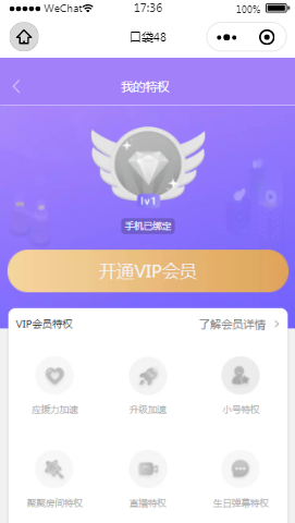 口袋48开通VIP会员内容页样式布局  小程序模板源码免费下载
