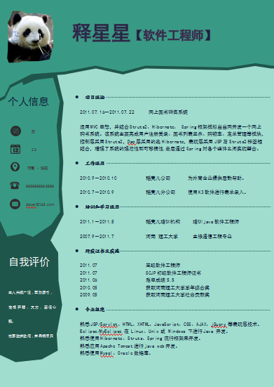 单页可爱熊猫绿色软件工程师类个人简历模板免费下载
