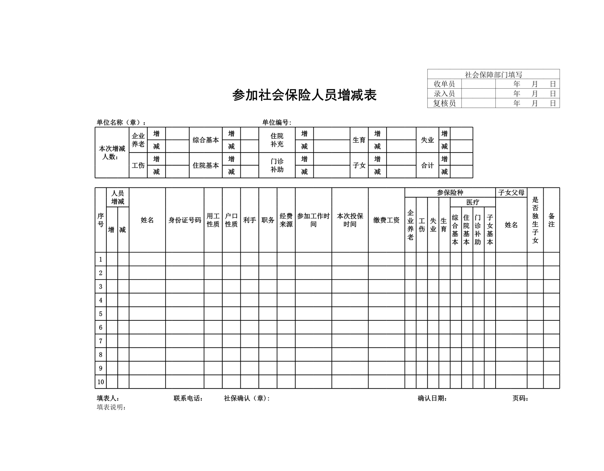 参加社会保险人员增减表Excle表格样本模板免费下载