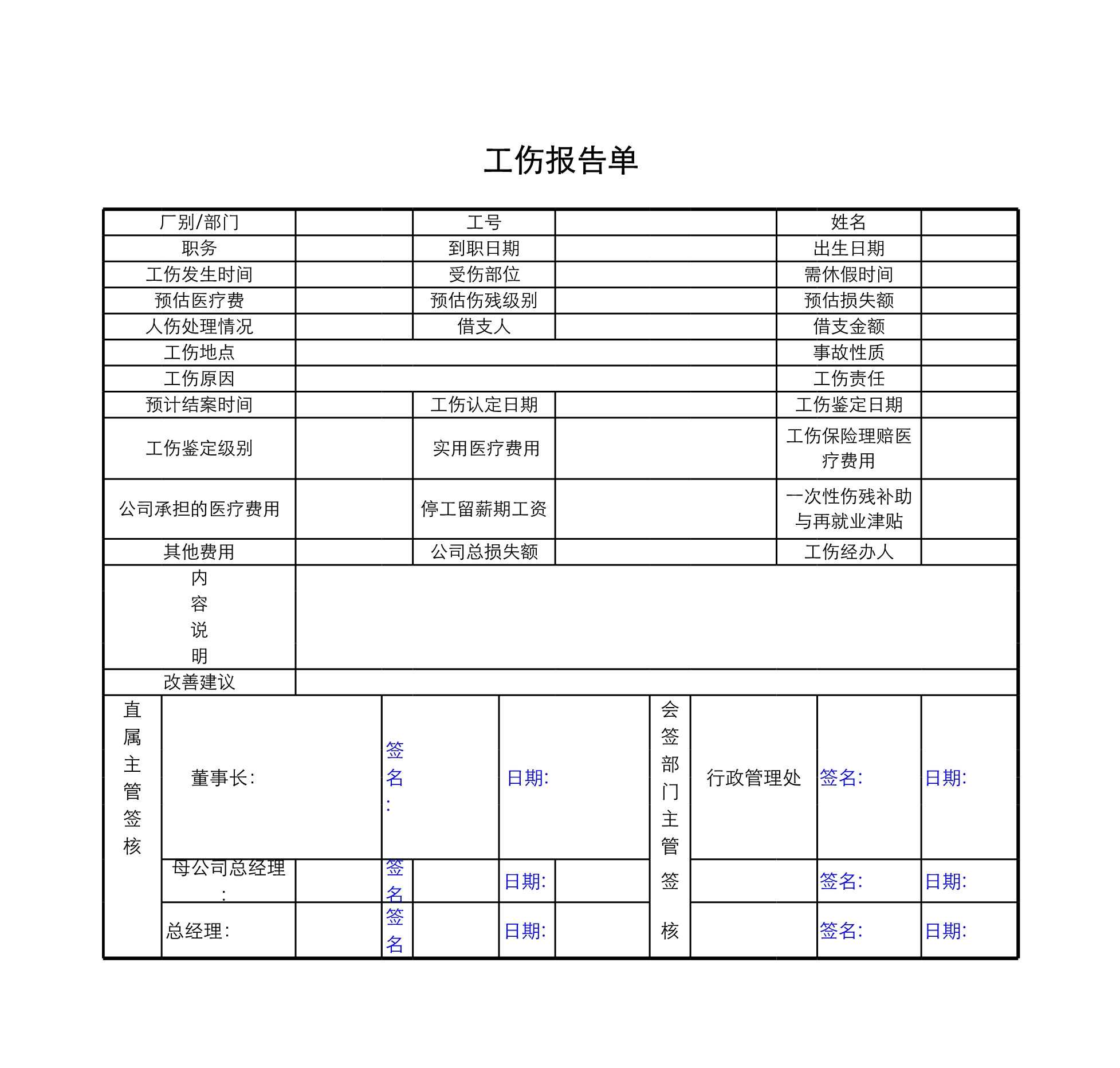 工伤报告单Excle表格样本模板免费下载