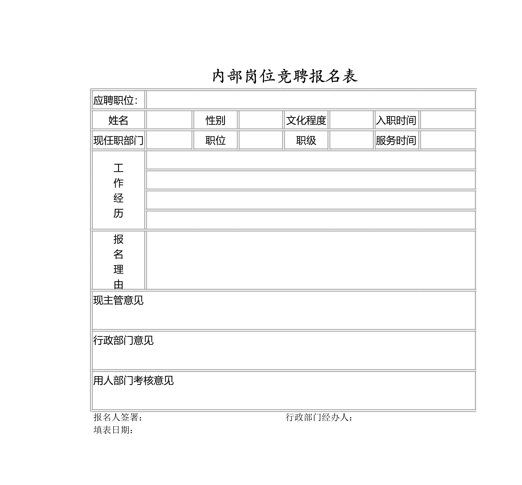 内部岗位竞聘报名表Excle表格样本模板免费下载