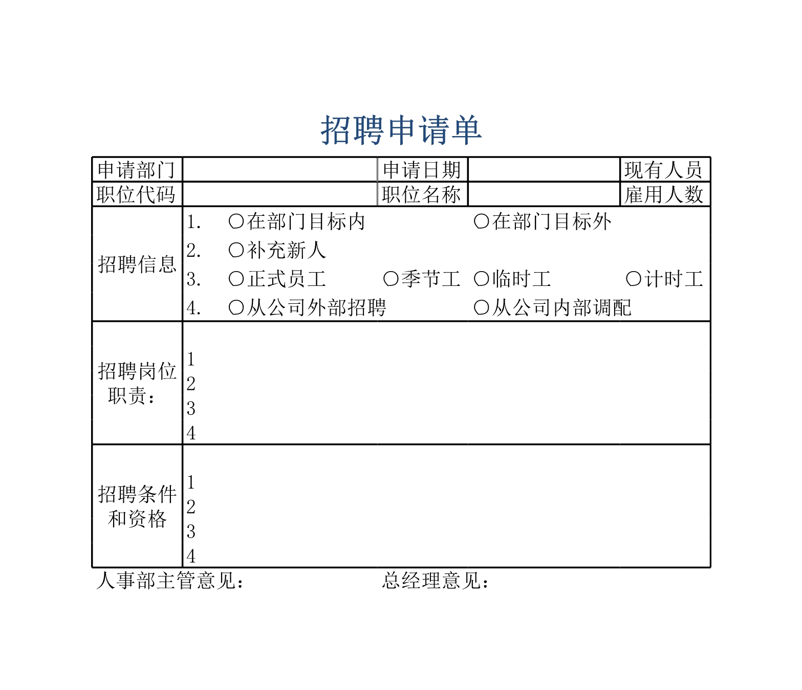 招聘申请表Excle表格样本模板免费下载