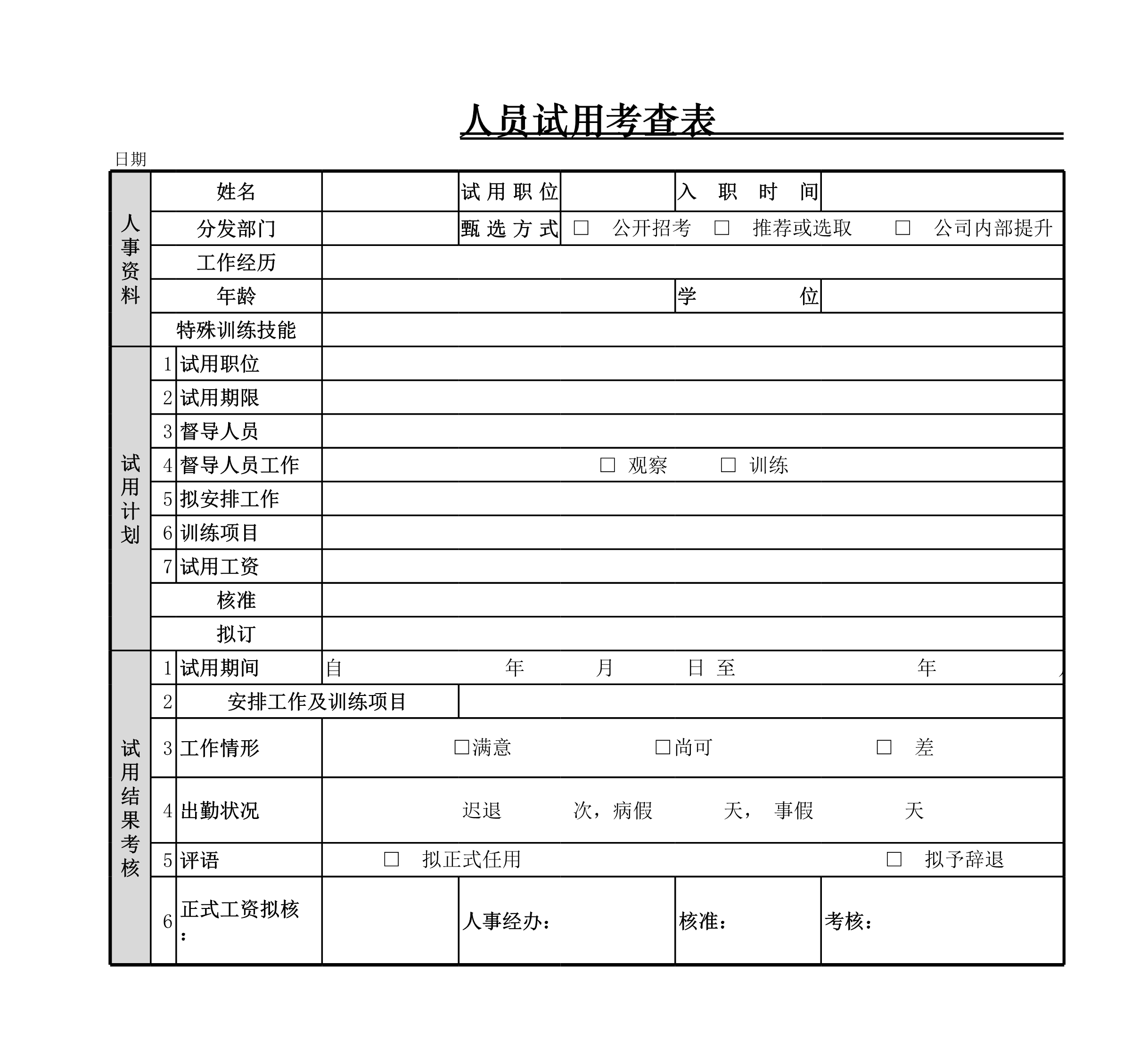 人员试用考查表Excle表格样本模板免费下载