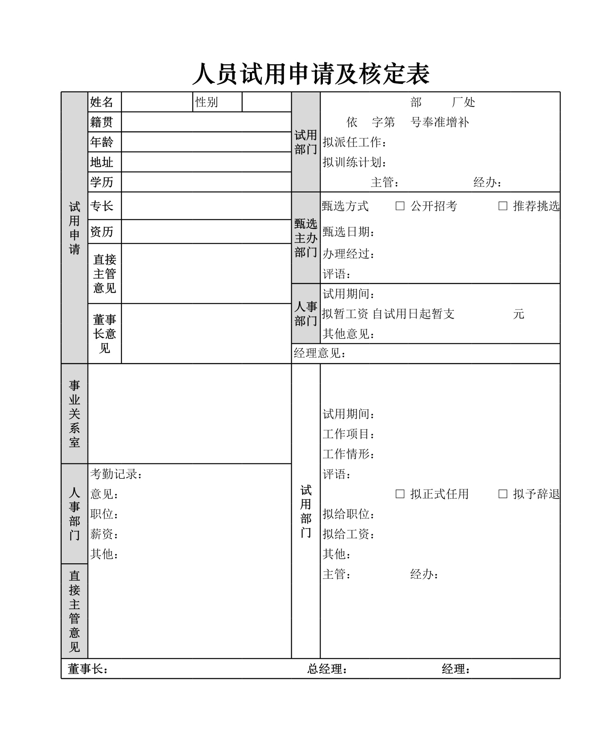 人员试用申请及核定表Excle表格样本模板免费下载