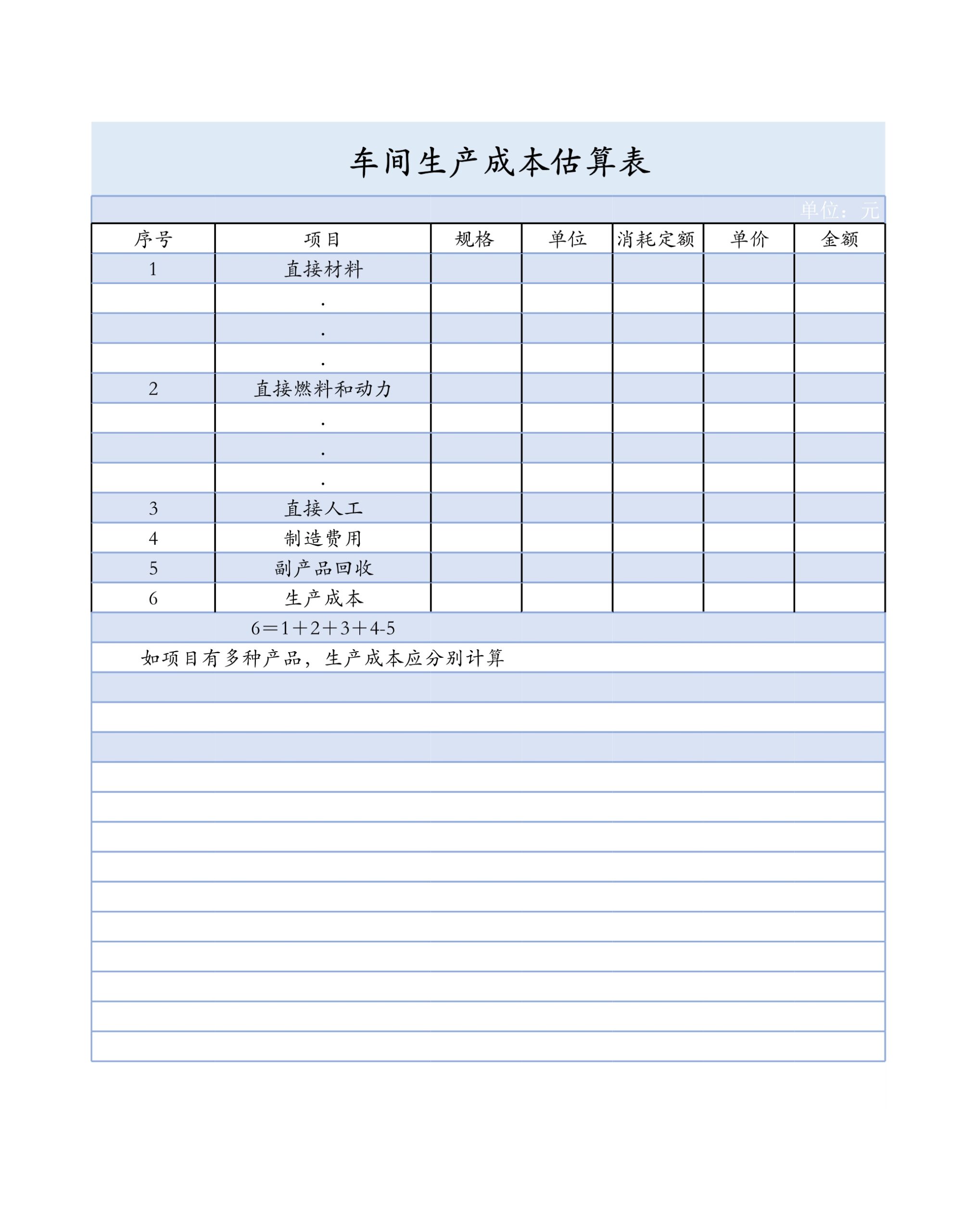 车间生产成本估算表Excle表格样本模板免费下载