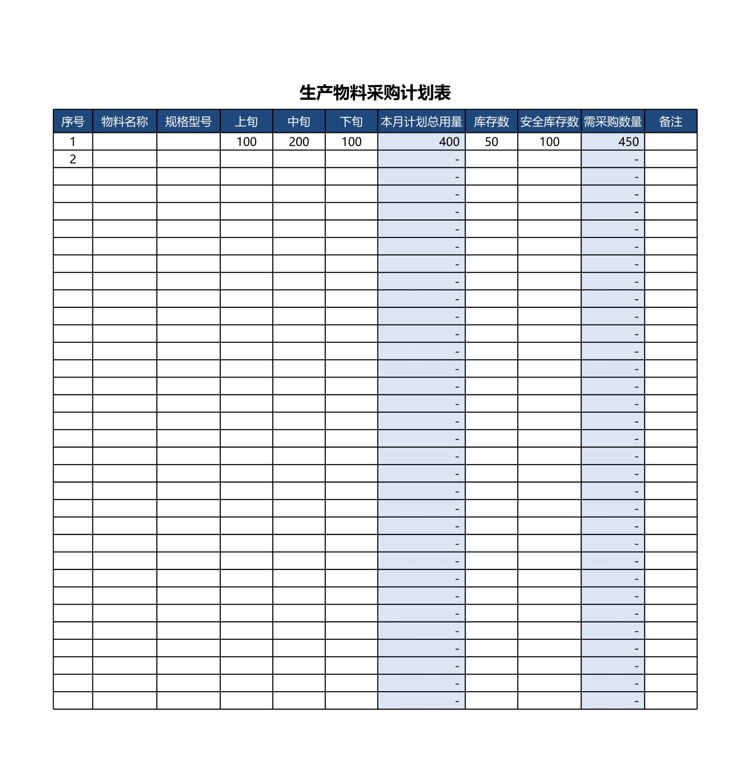 生产物料采购计划表Excle表格样本模板免费下载