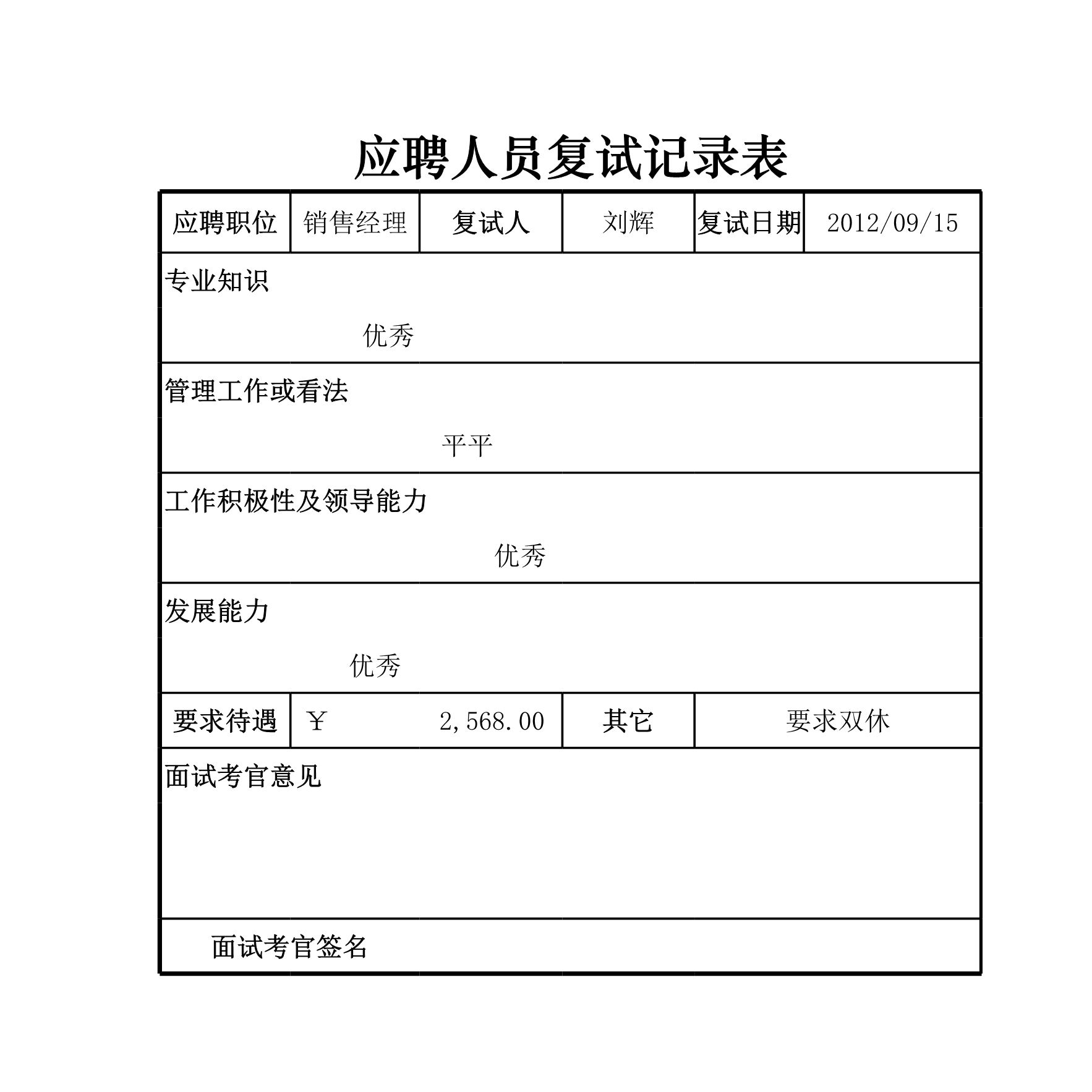 应聘人员复试记录表Excle表格样本模板免费下载