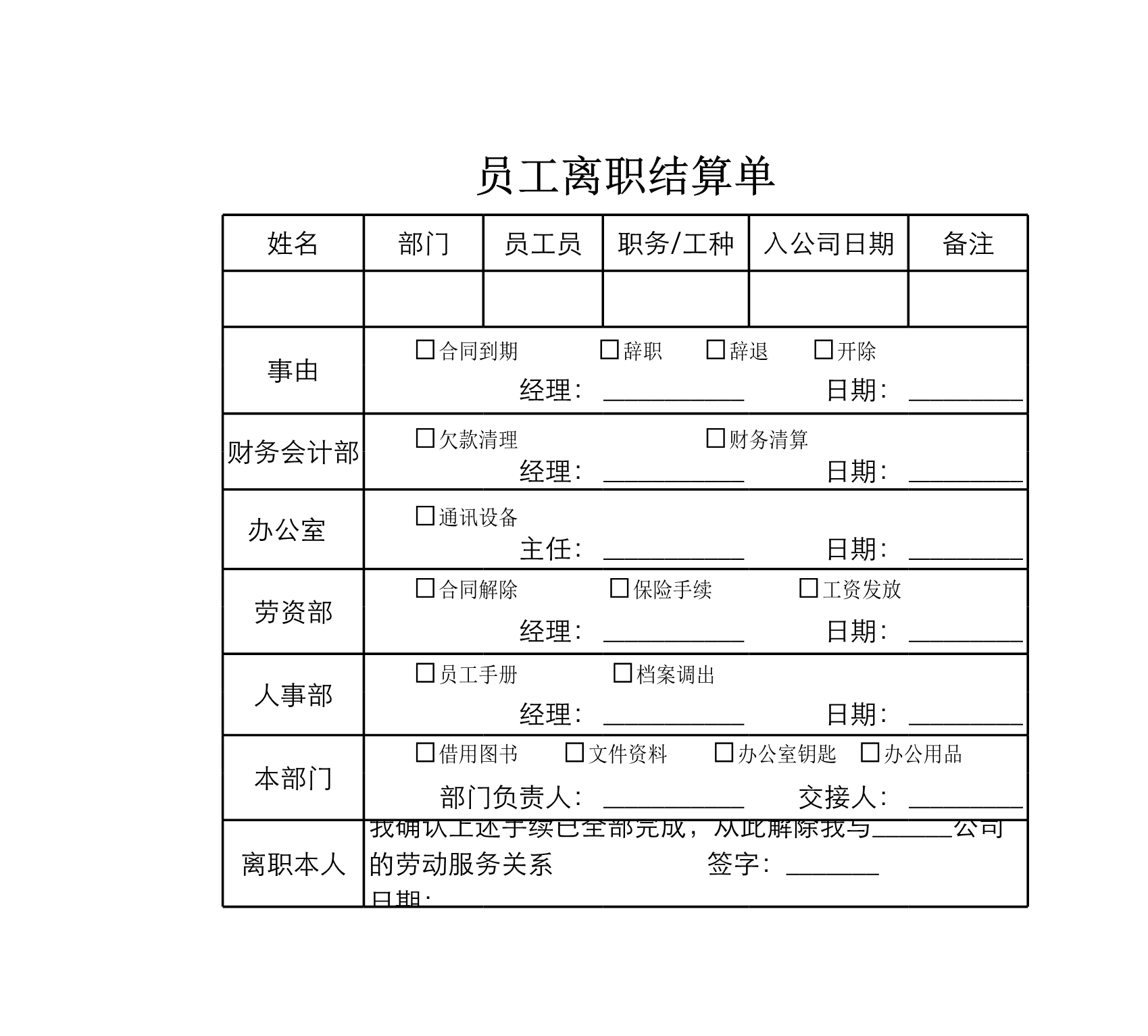 员工离职结算表Excle表格样本模板免费下载