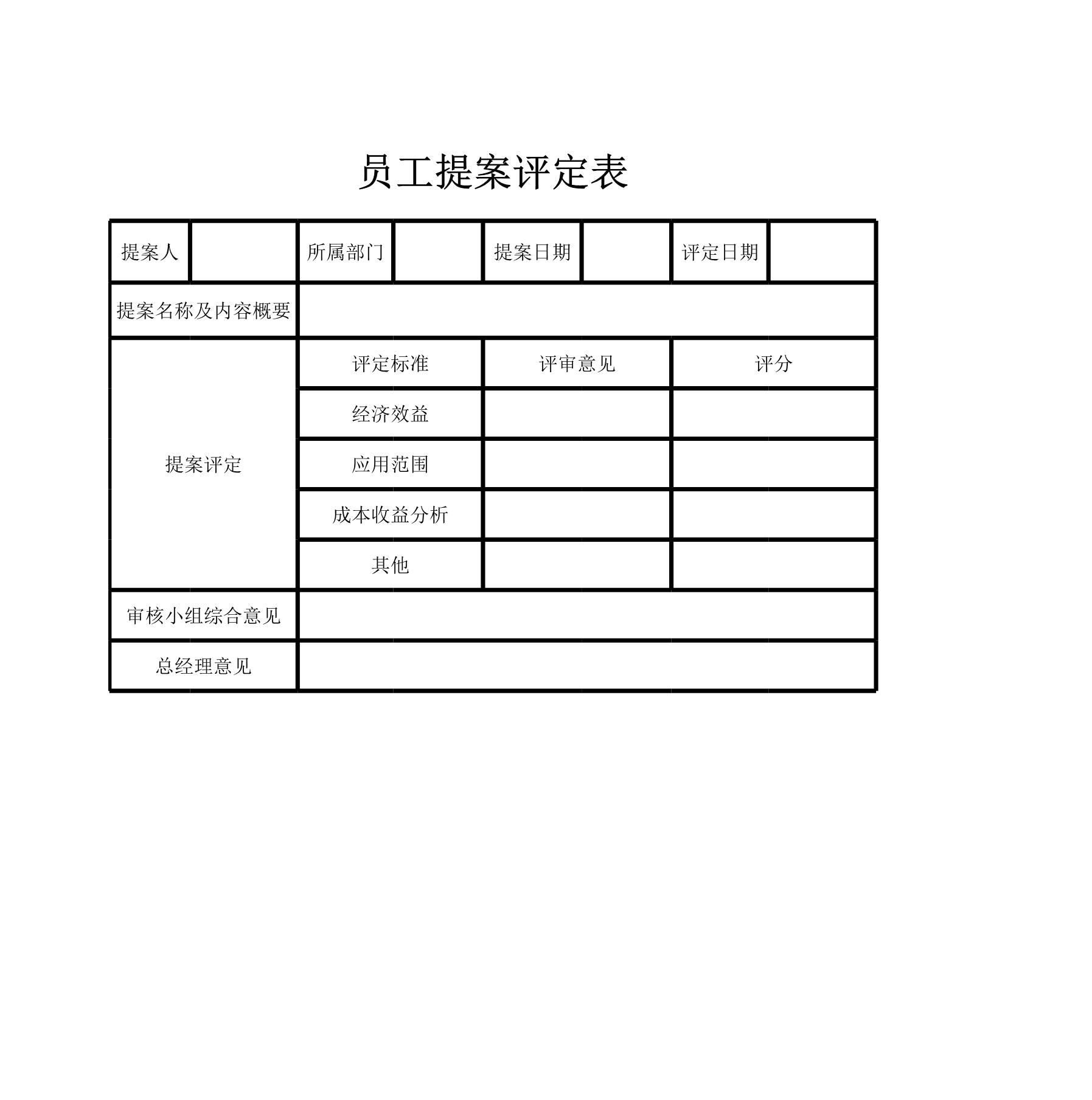 员工提案评定表Excle表格样本模板免费下载