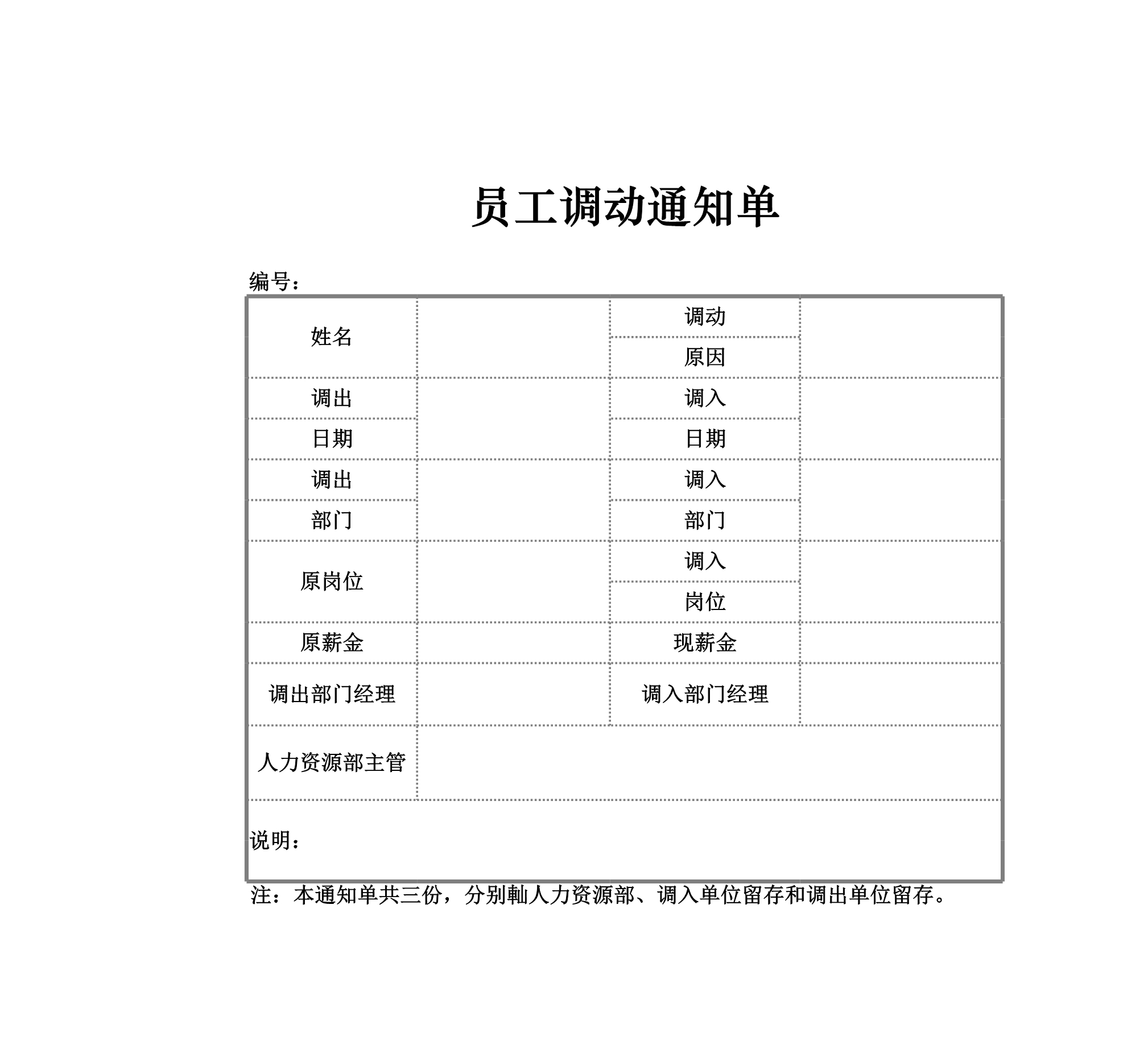 员工调动通知单Excle表格样本模板免费下载