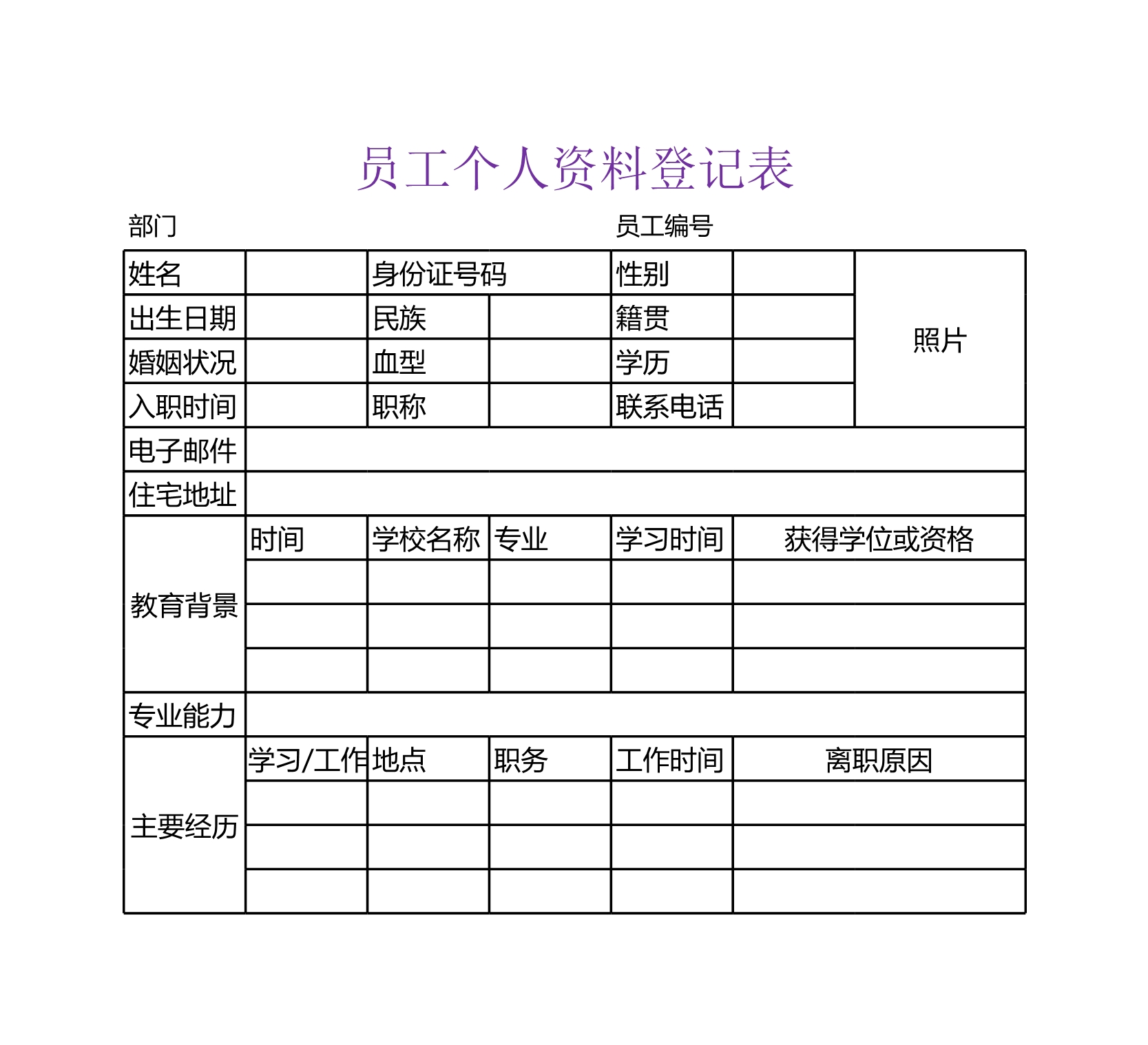 员工个人资料登记表Excle表格样本模板免费下载