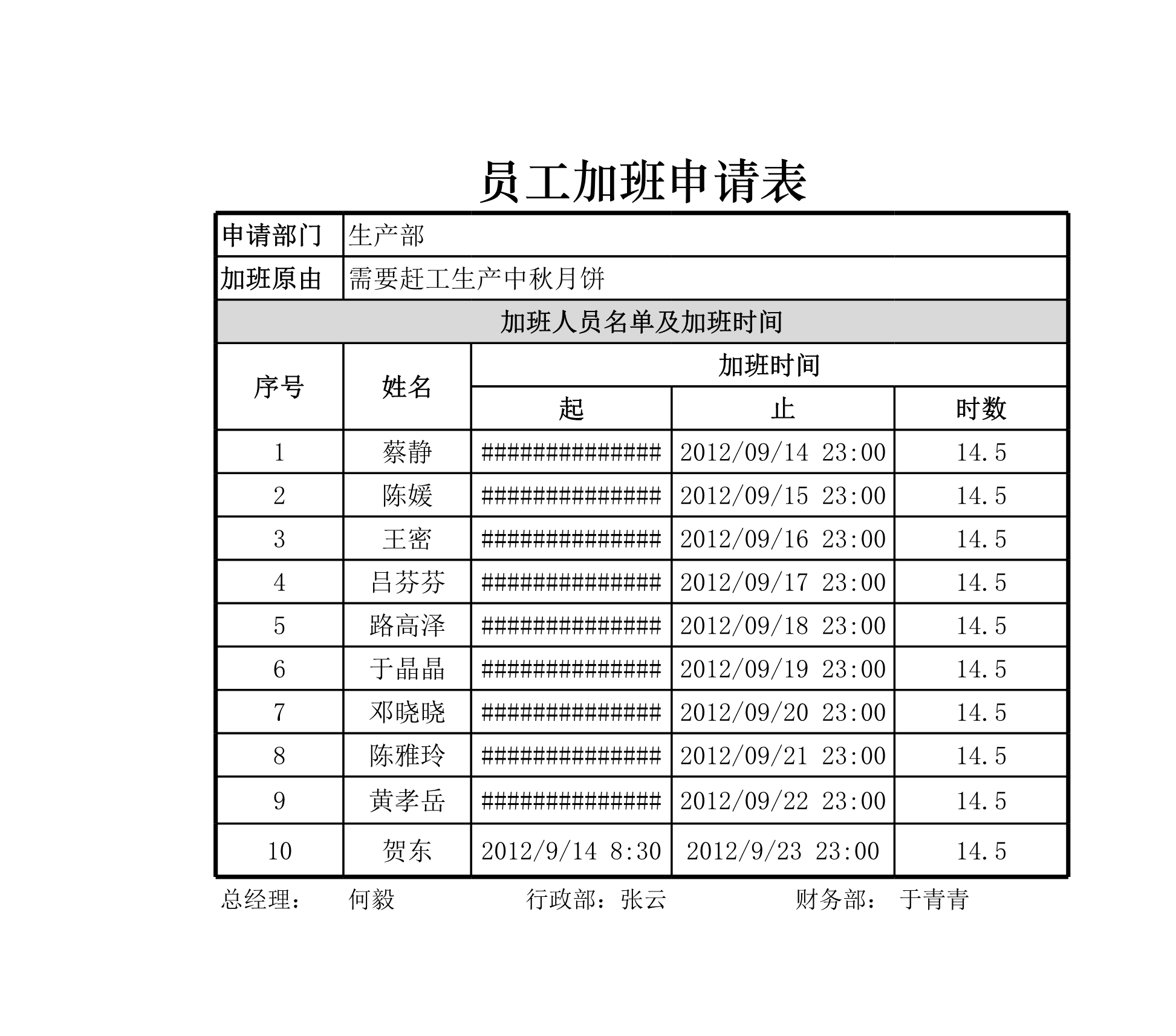 员工加班申请表Excle表格样本模板免费下载