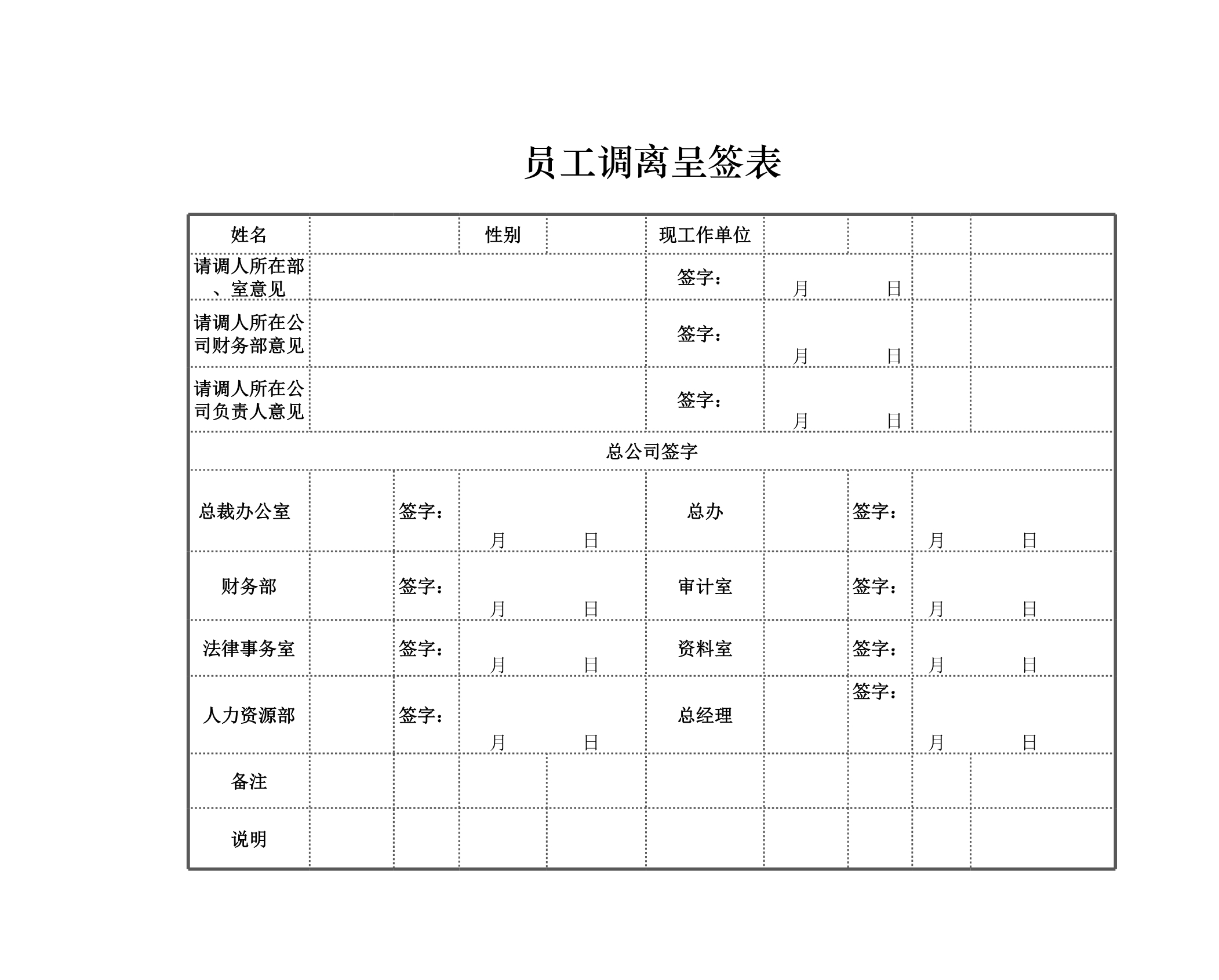 员工调离呈签表Excle表格样本模板免费下载