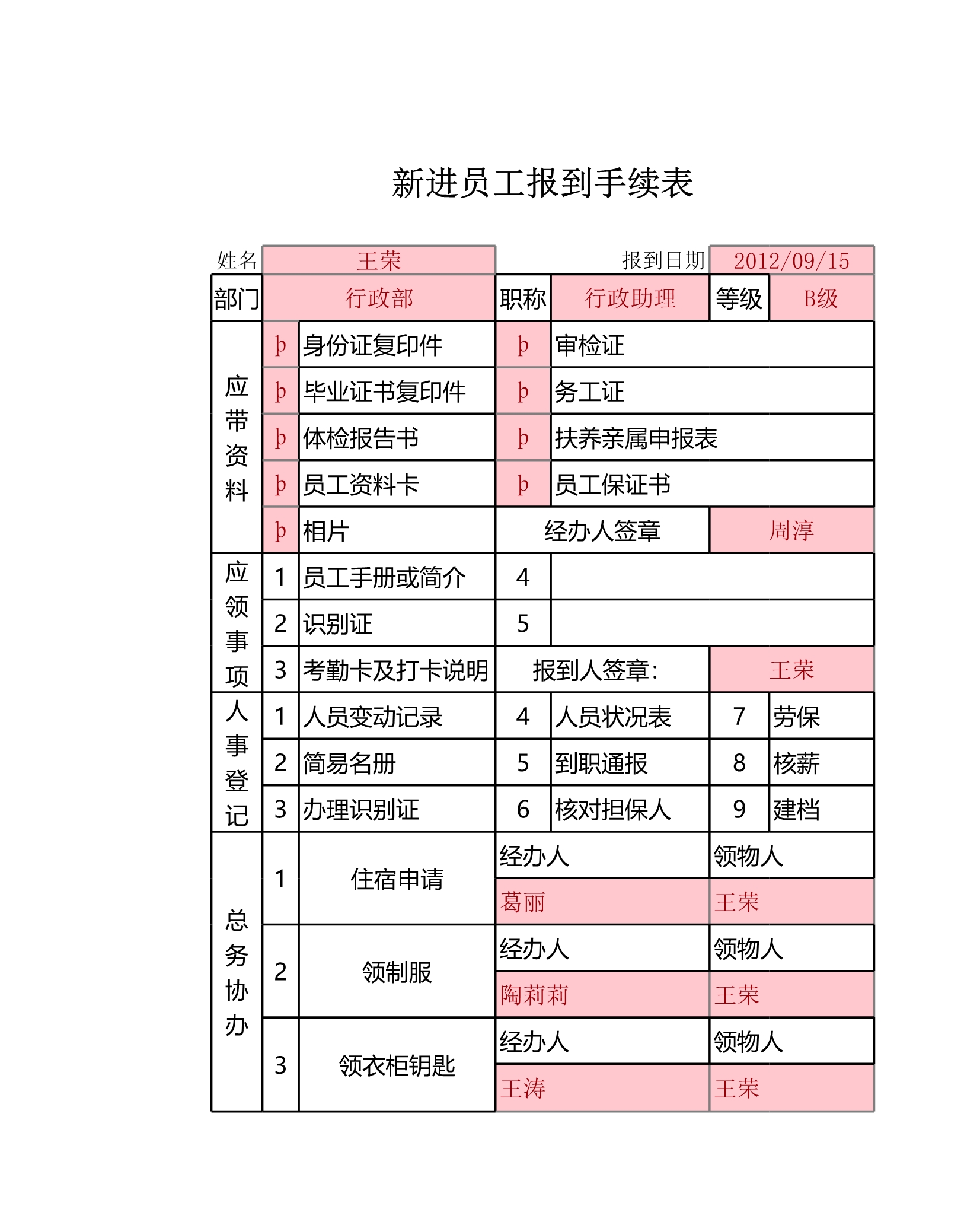 员工报到手续表Excle表格样本模板免费下载