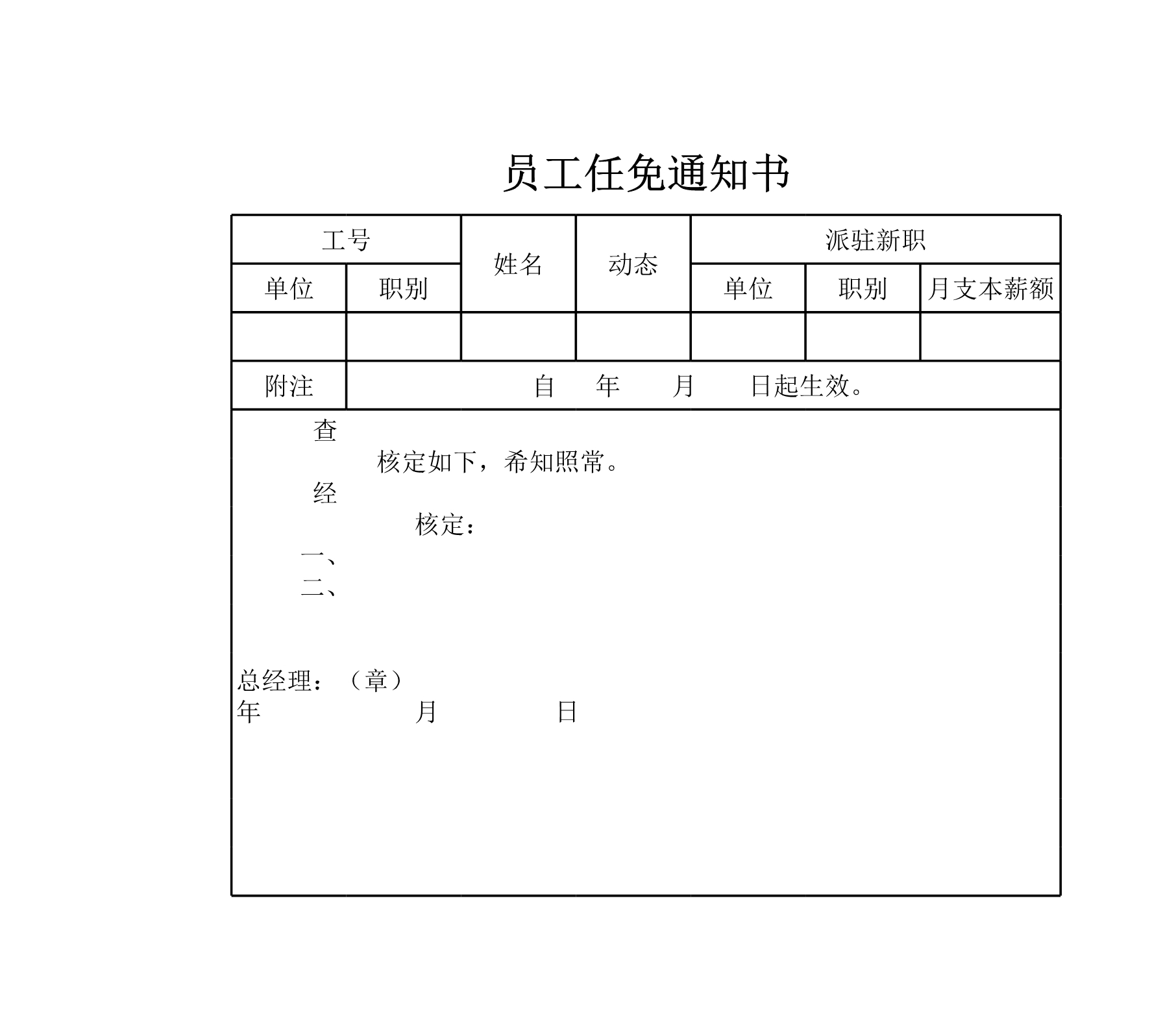 员工任免通知书Excle表格样本模板免费下载