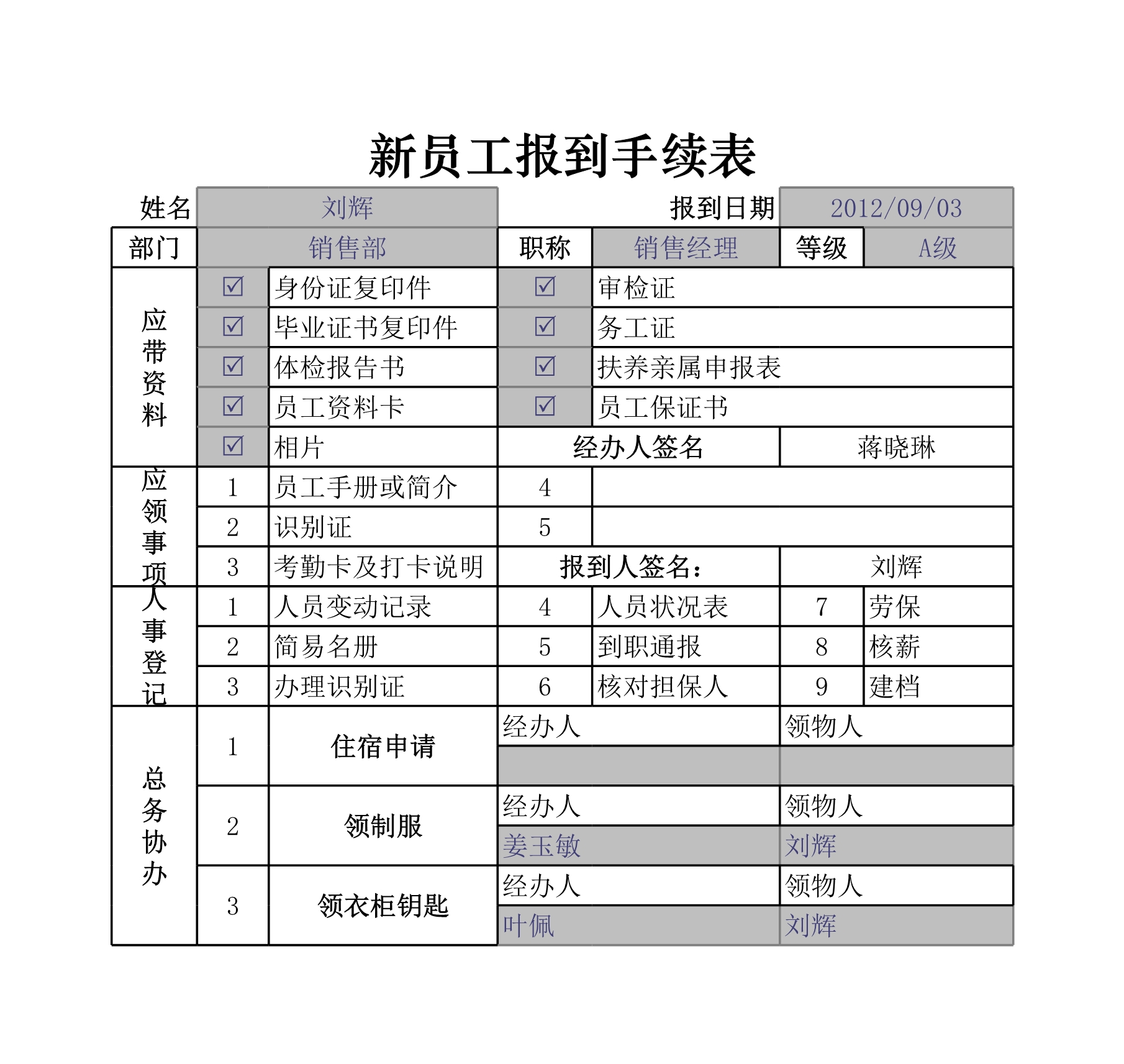 新员工报到手续表Excle表格样本模板免费下载