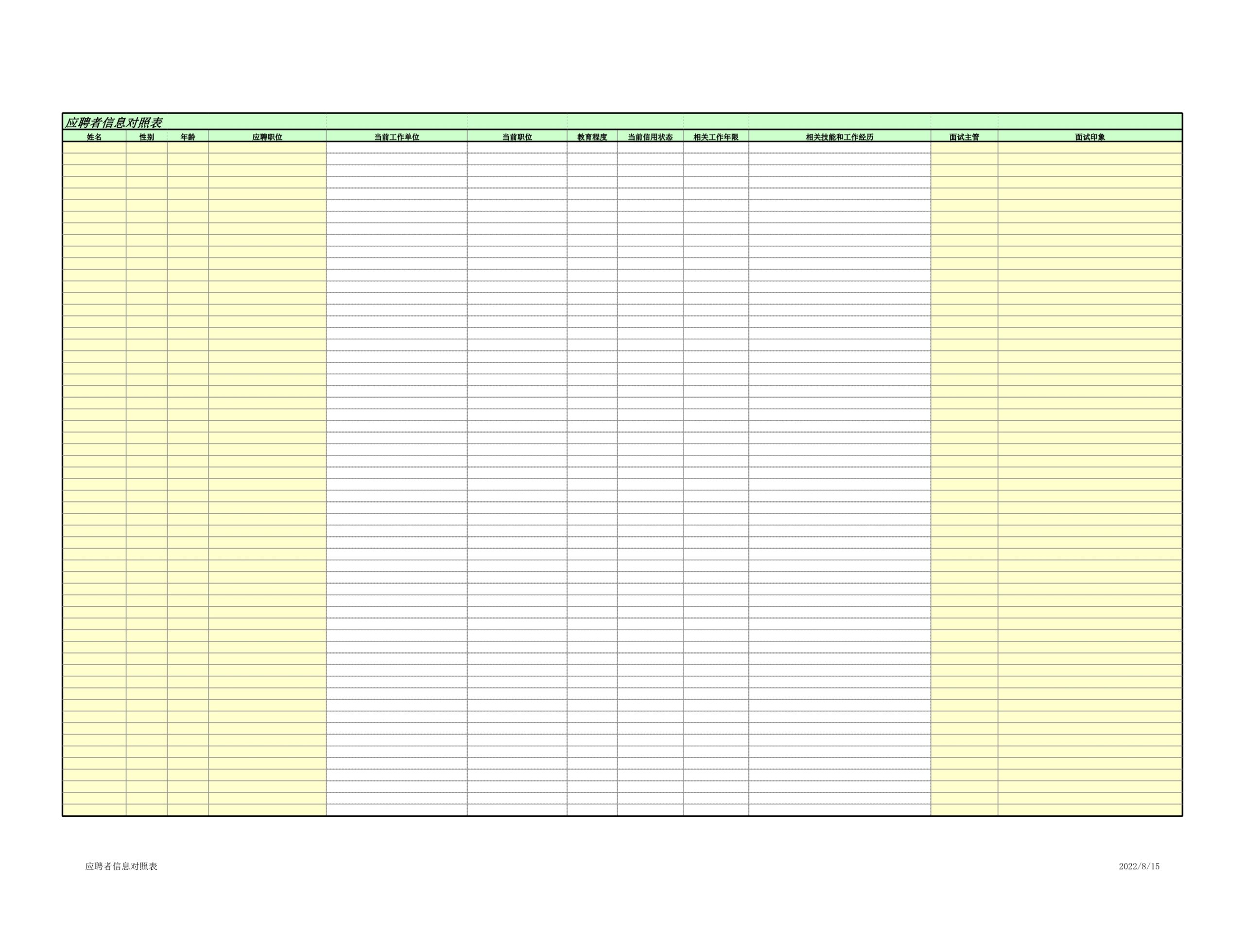 应聘者信息及对照表Excle表格样本模板免费下载