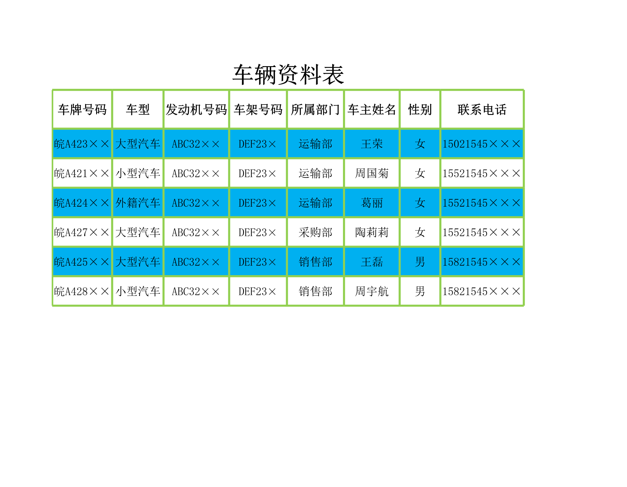 车辆资料表Excle表格样本模板免费下载