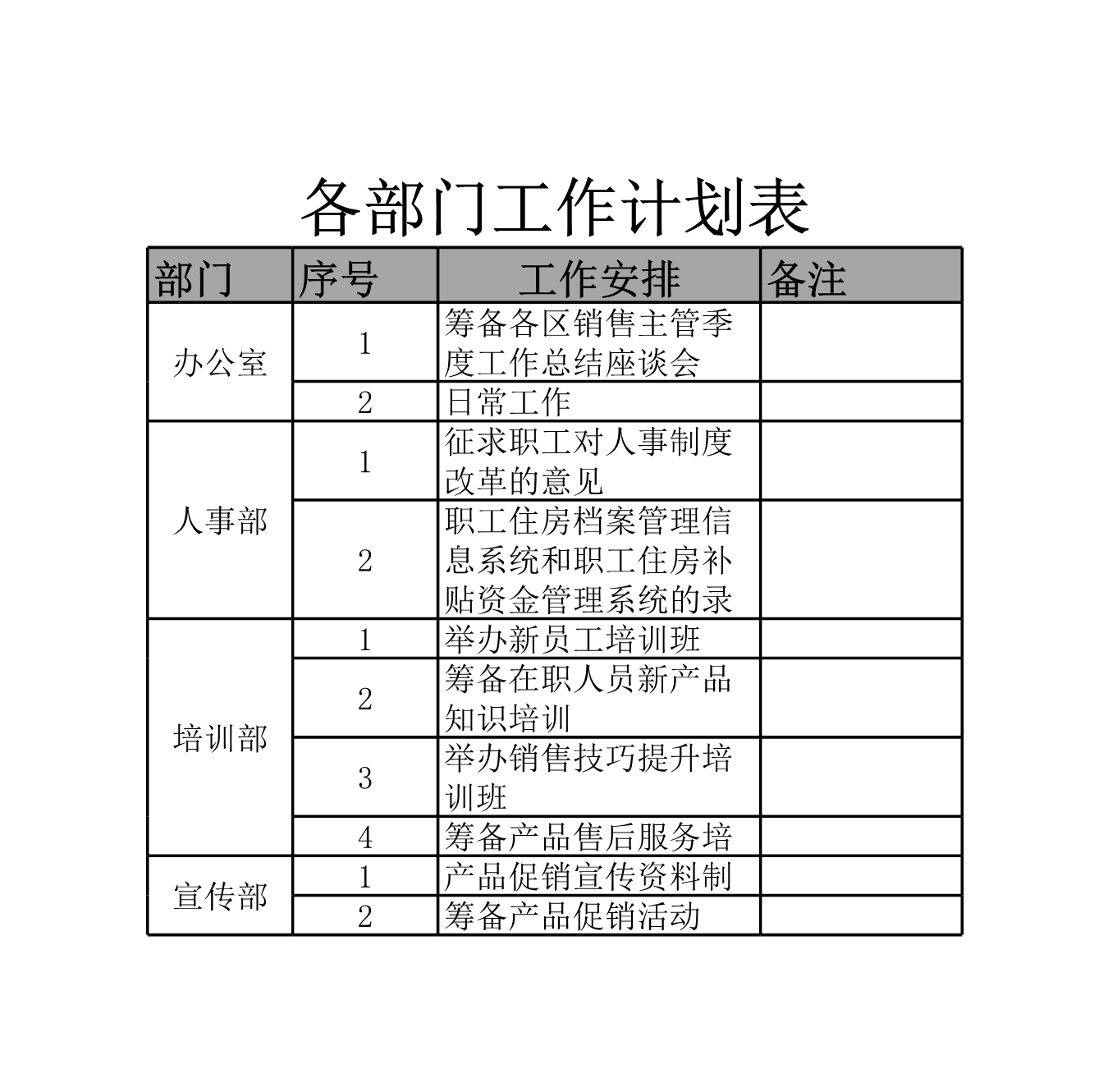 各部门工作计划表Excle表格样本模板免费下载