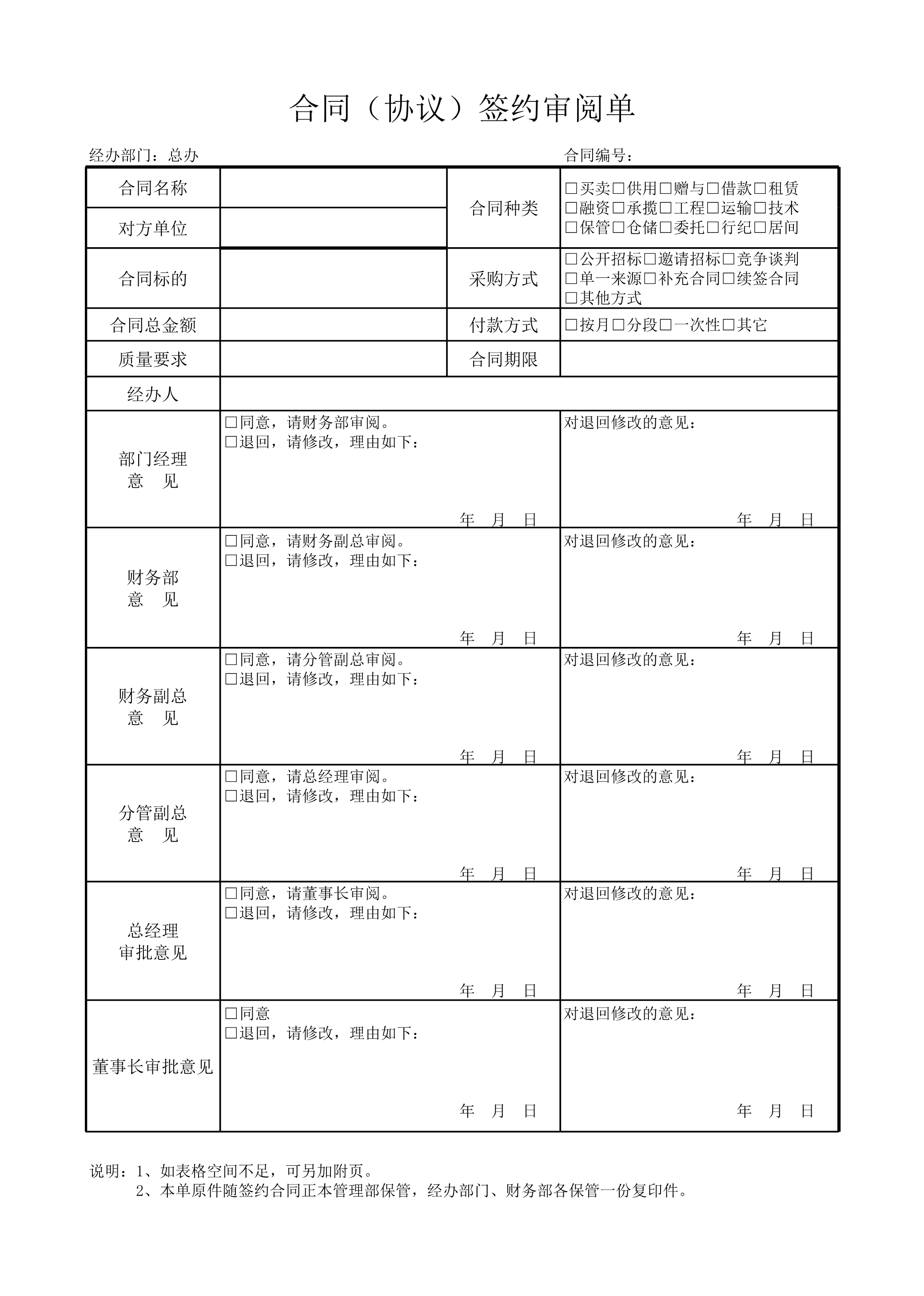 合同审批表Excle表格样本模板免费下载