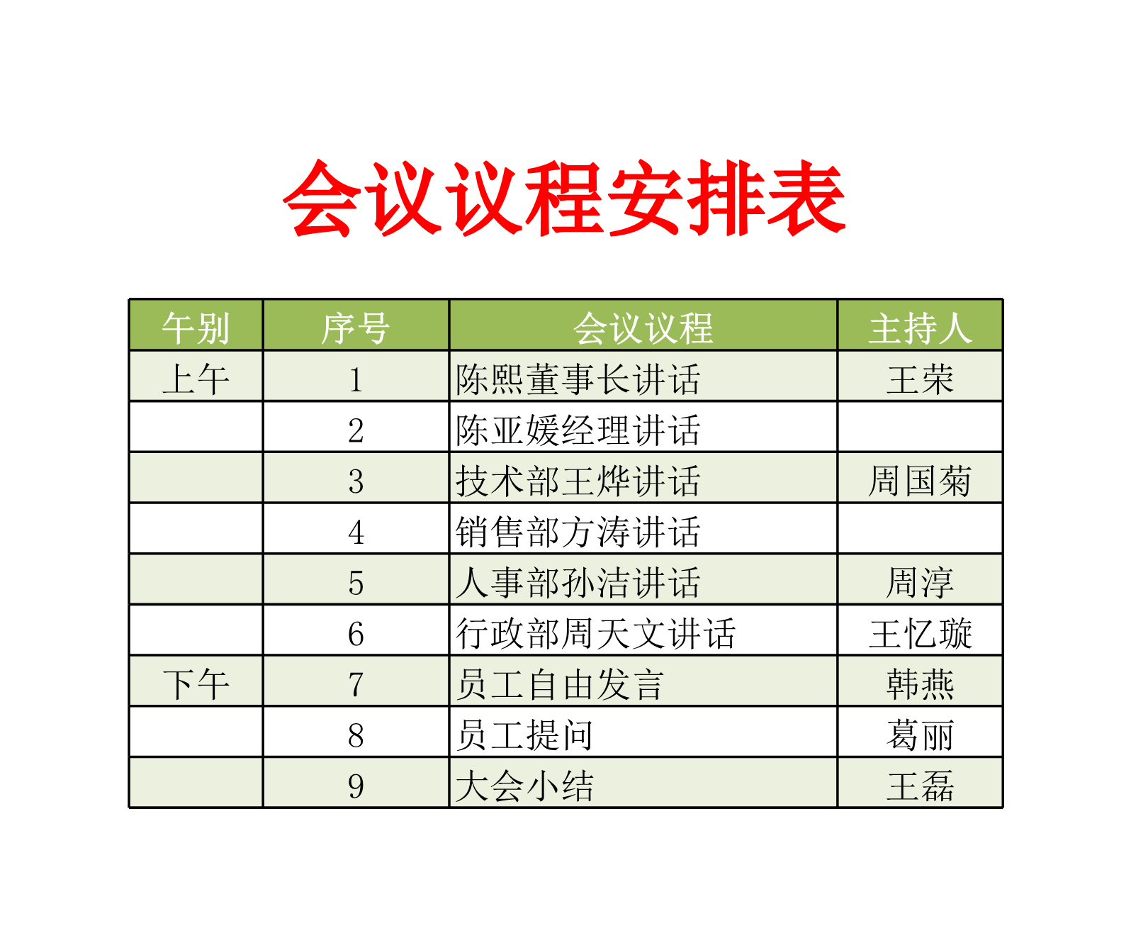 会议议程安排表Excle表格样本模板免费下载