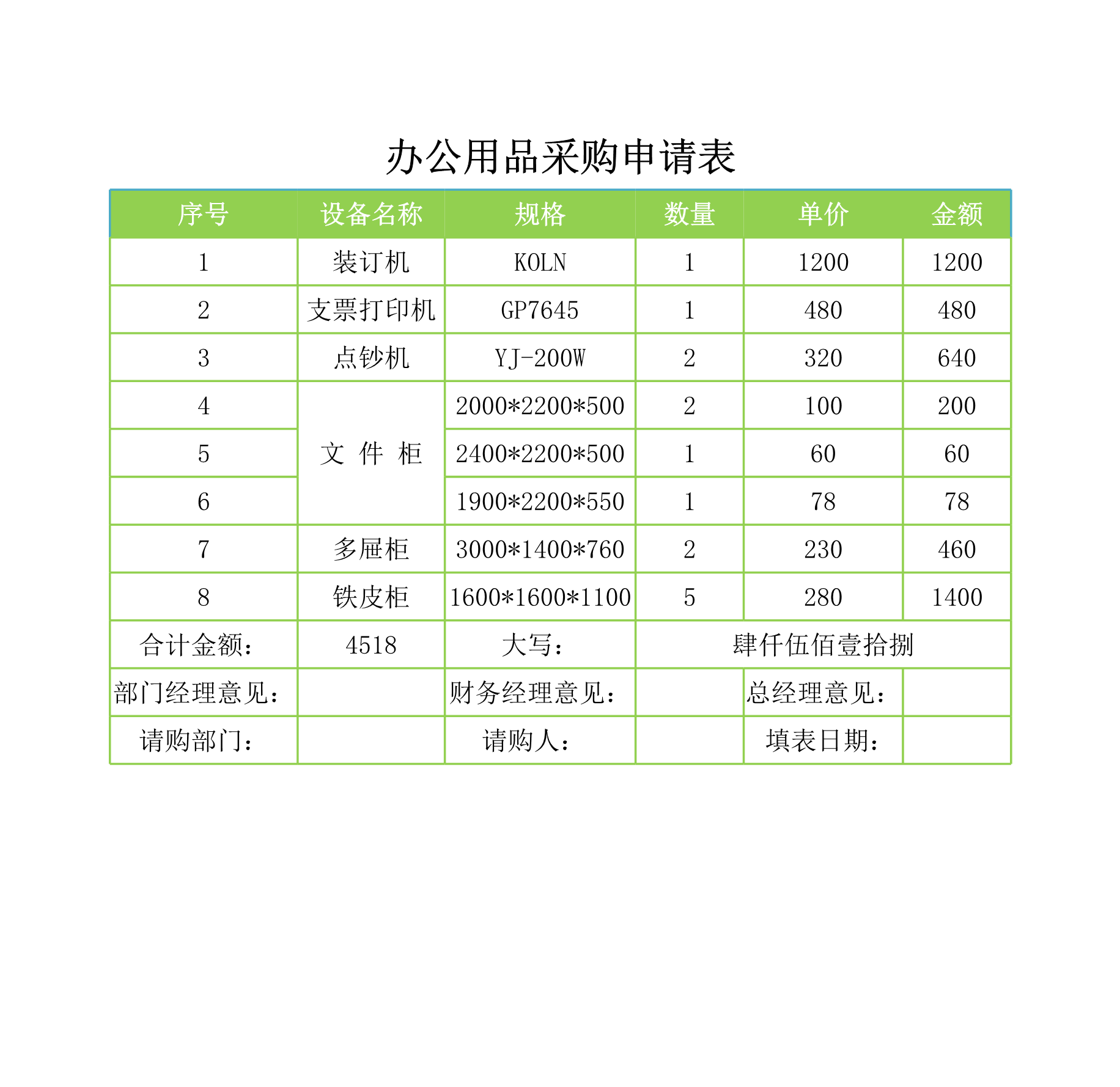 办公用品采购申请表Excle表格样本模板免费下载