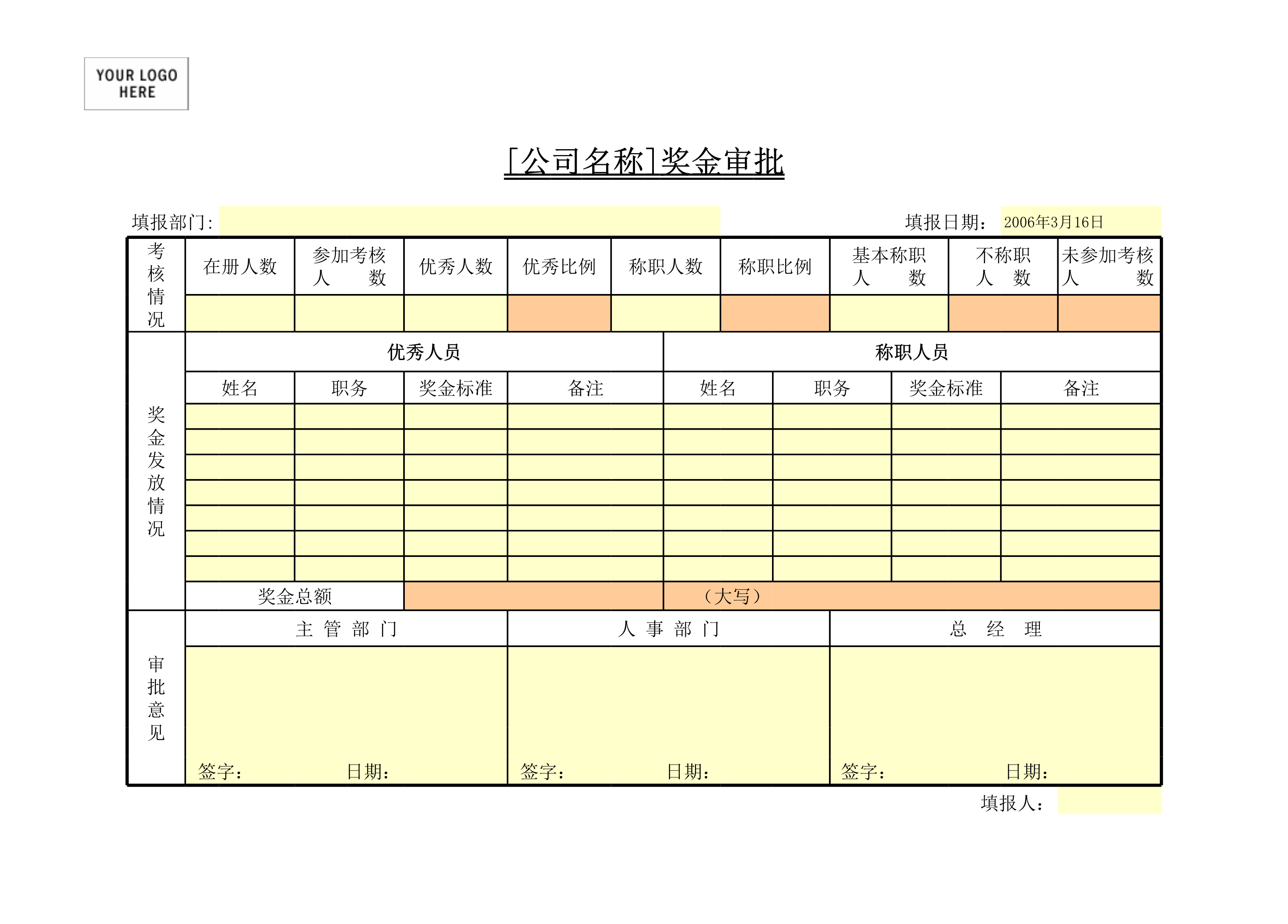 奖金审批表Excle表格样本模板免费下载