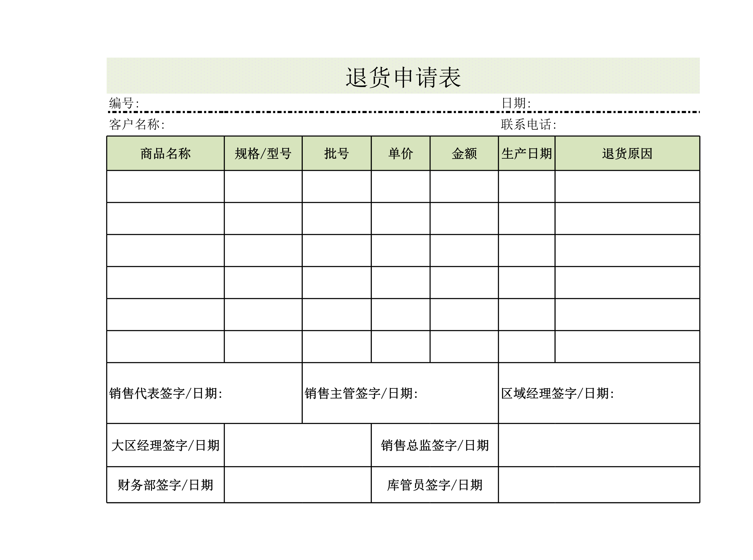 退货申请单Excle表格样本模板免费下载