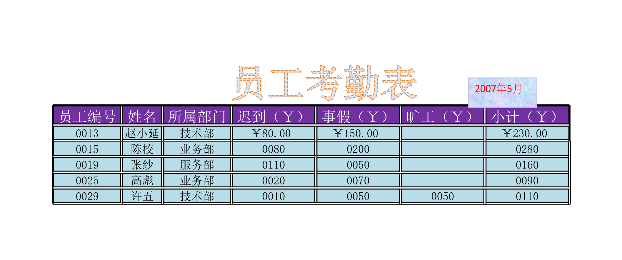 员工考勤表Excle表格样本模板免费下载