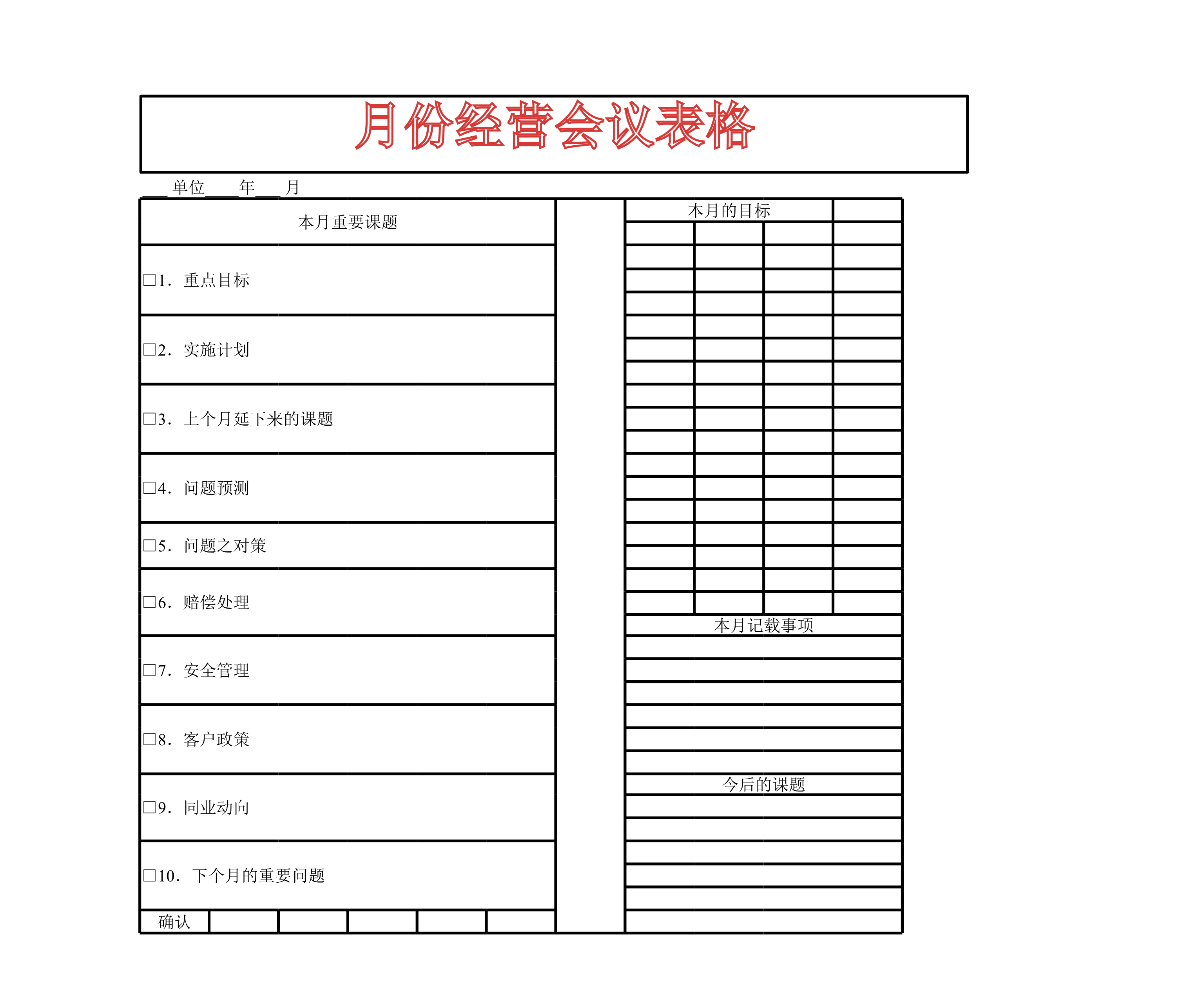 月份经营会议表Excle表格样本模板免费下载