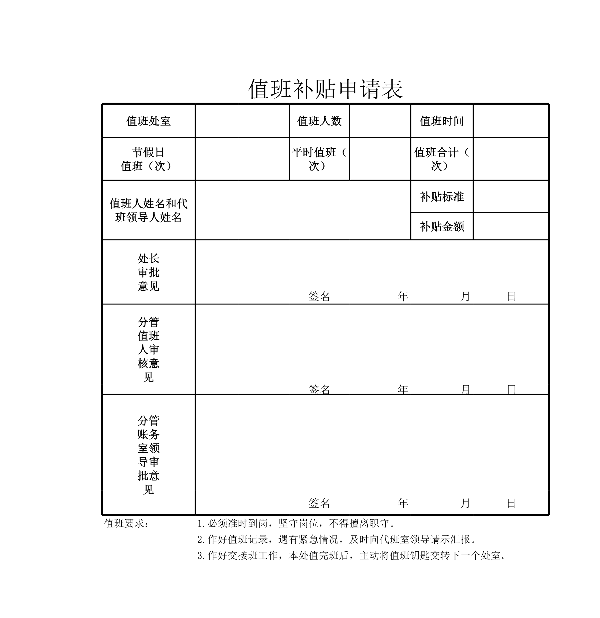 值班补贴申请表Excle表格样本模板免费下载