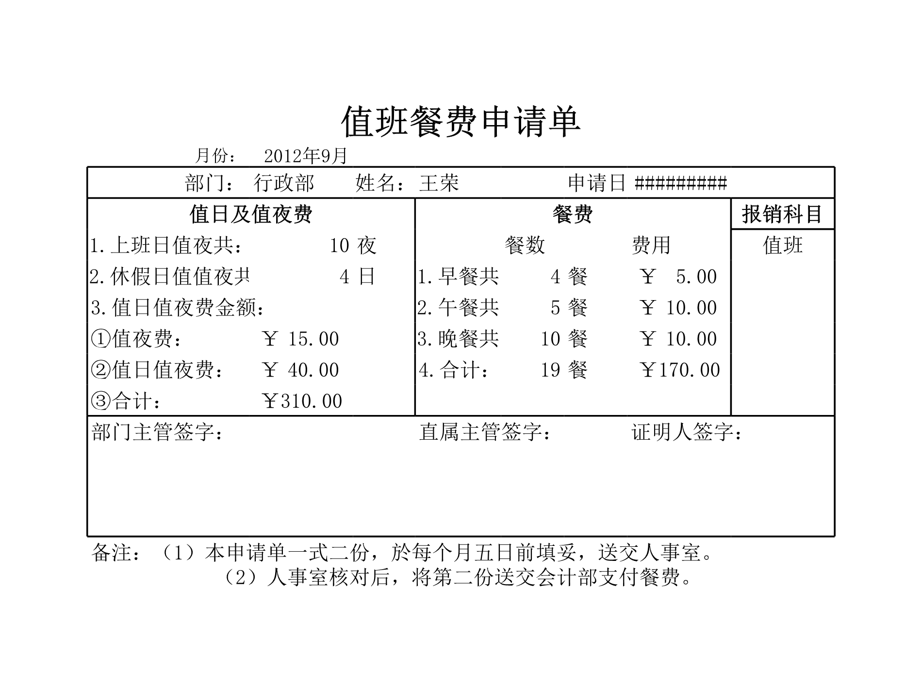 值班餐费申请单Excle表格样本模板免费下载