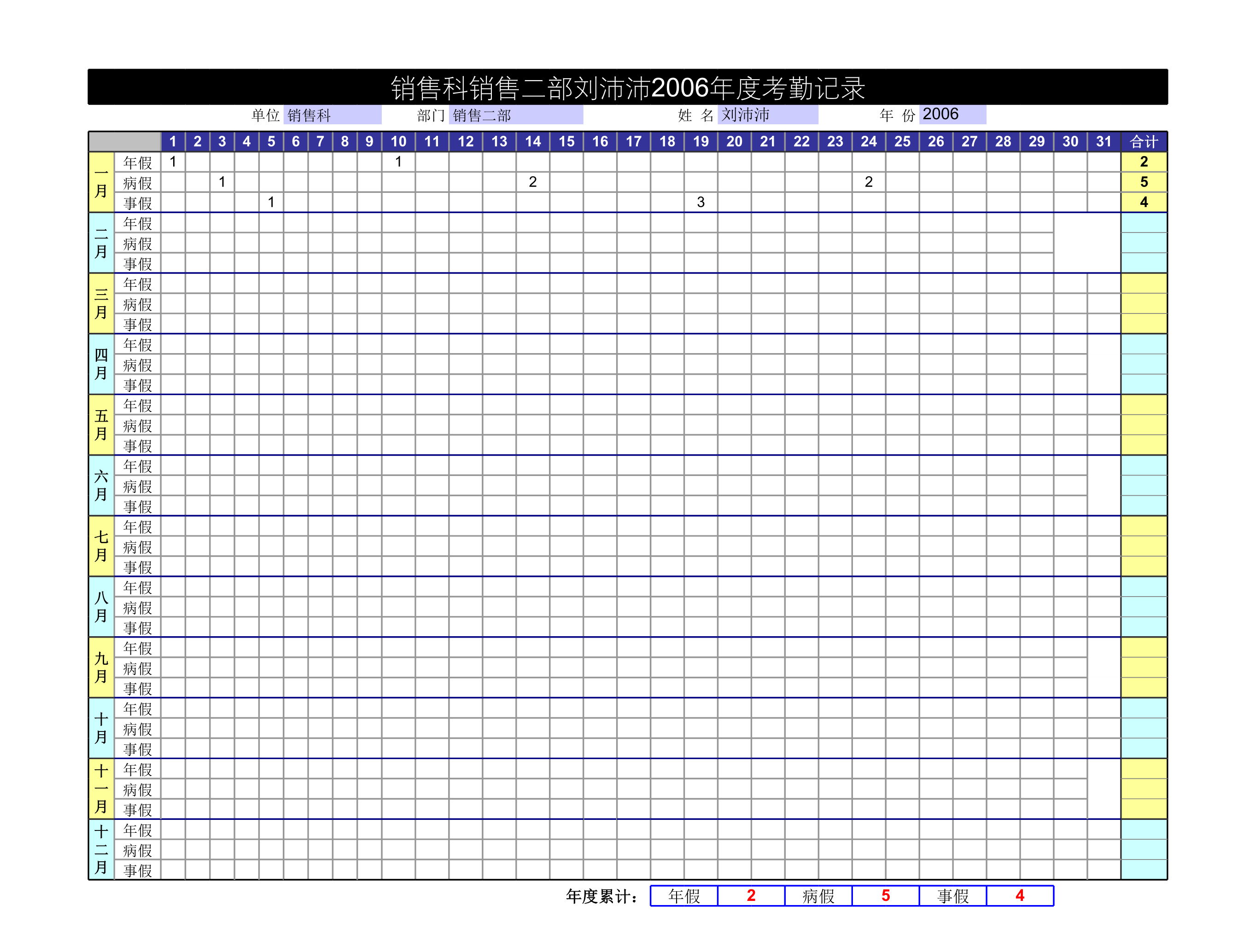 年度考勤记录表Excle表格样本模板免费下载