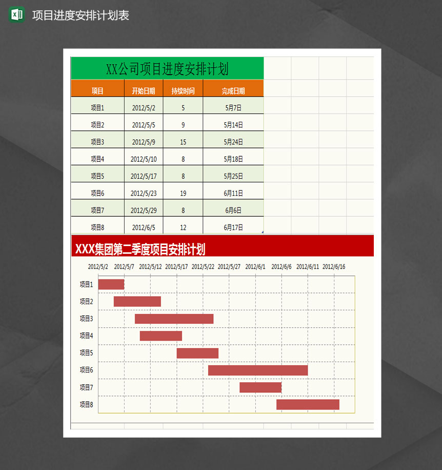 项目进度安排甘特图计划表Excle表格样本模板免费下载