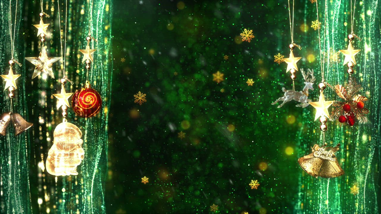 金色雪花的绿色背景上的圣诞装饰视频模板素材完整版免费下载