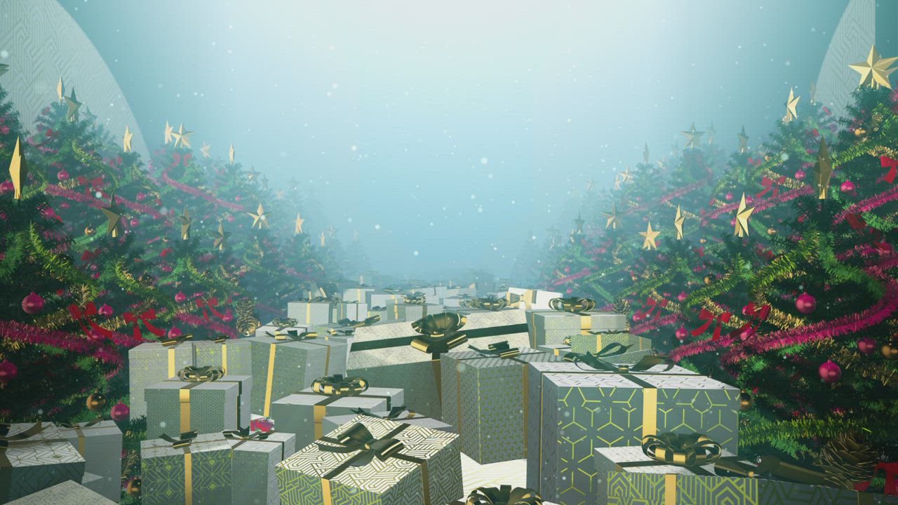 充满礼物和圣诞树的道路循环视频模板素材完整版免费下载