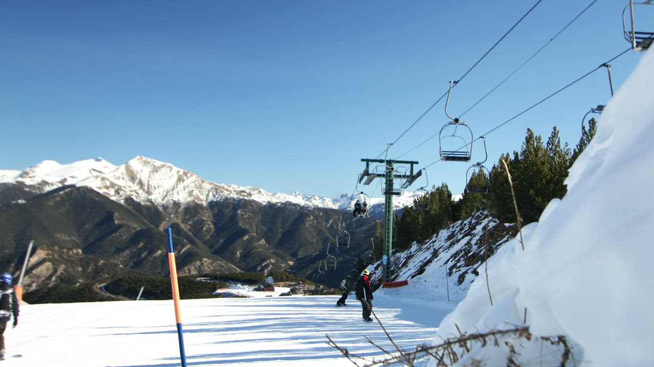 人们在山上滑雪，滑雪缆车工作，背景是雪山和天空视频模板素材完整版免费下载