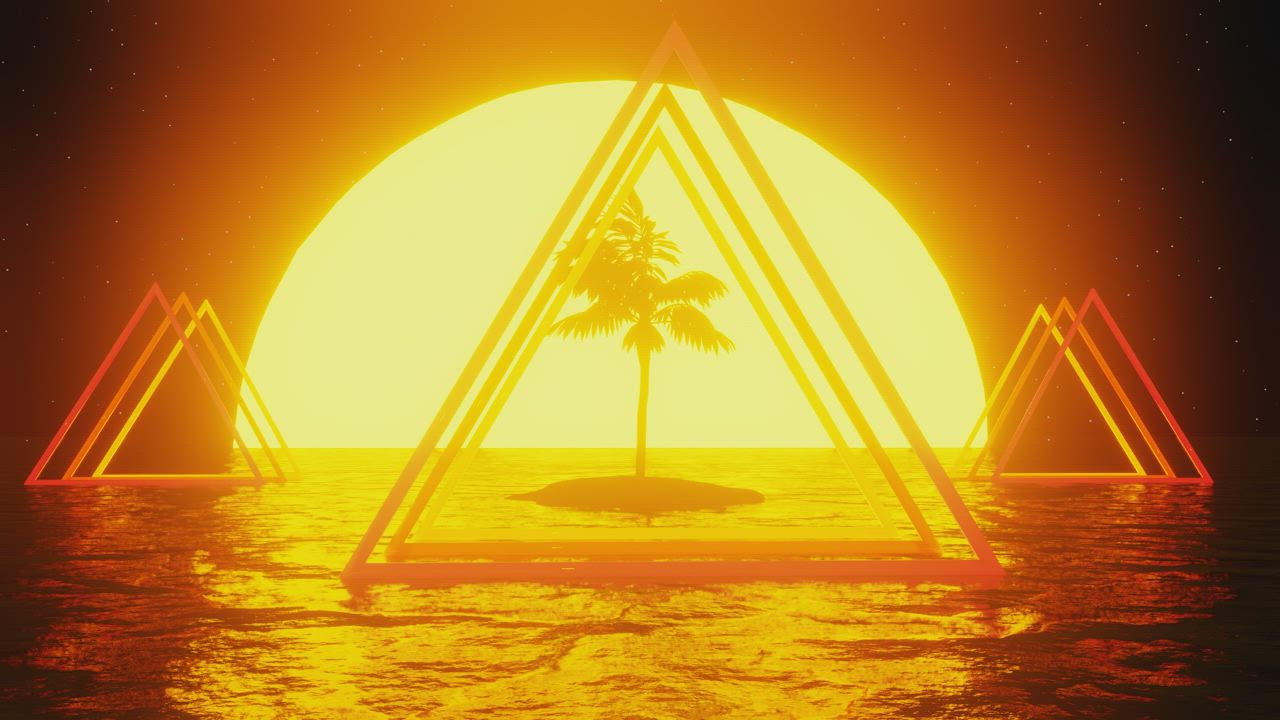 棕榈岛上的 VHS 风格三角形与日落视频模板素材完整版免费下载