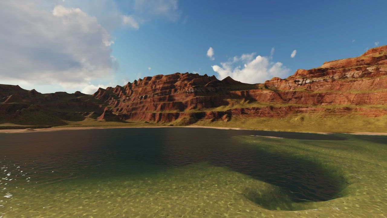 被高原环绕的阳光明媚的小湖在3D动画视频模板素材完整版免费下载
