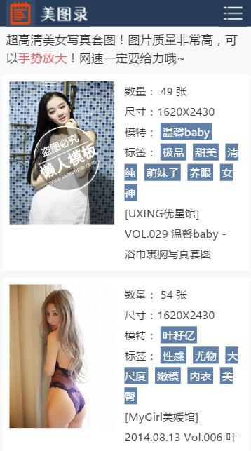 仿美图录触屏版自适应手机wap美女图片网站模板下载