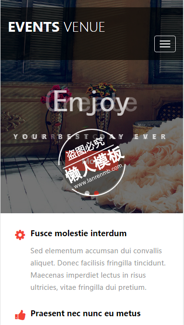 Events Venue创造性婚礼html5手机wap婚庆公司网站模板免费下载
