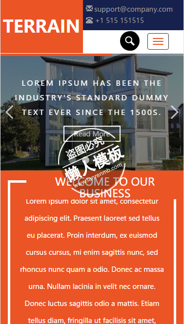 Terrain橙色商务大楼触屏版html5手机wap房地产网站模板下载