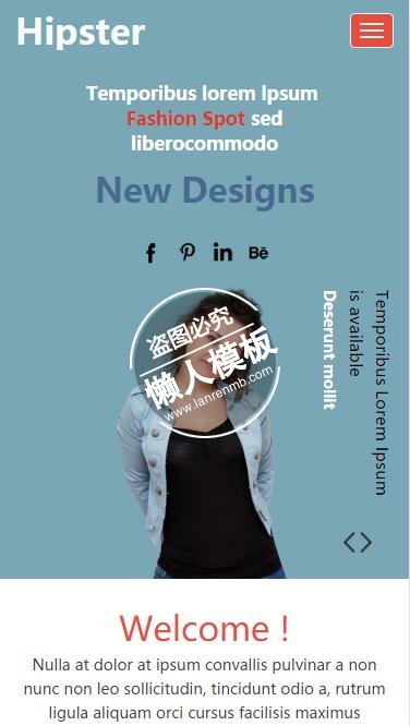 Hipster蓝色背景图片展示html5手机wap时尚女性网站模板免费下载
