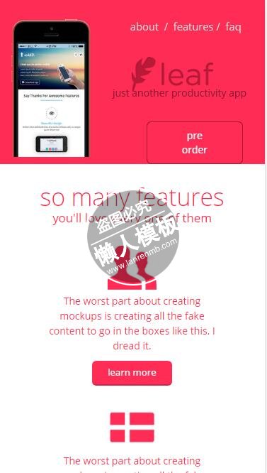 Leaf App红色背景登录页面html5公司企业手机网站模板免费下载