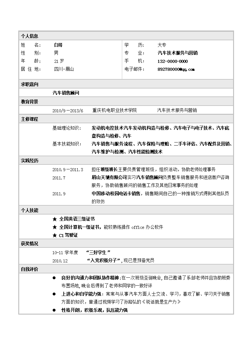 汽车销售顾问无封面表格式单页式简历模板免费下载