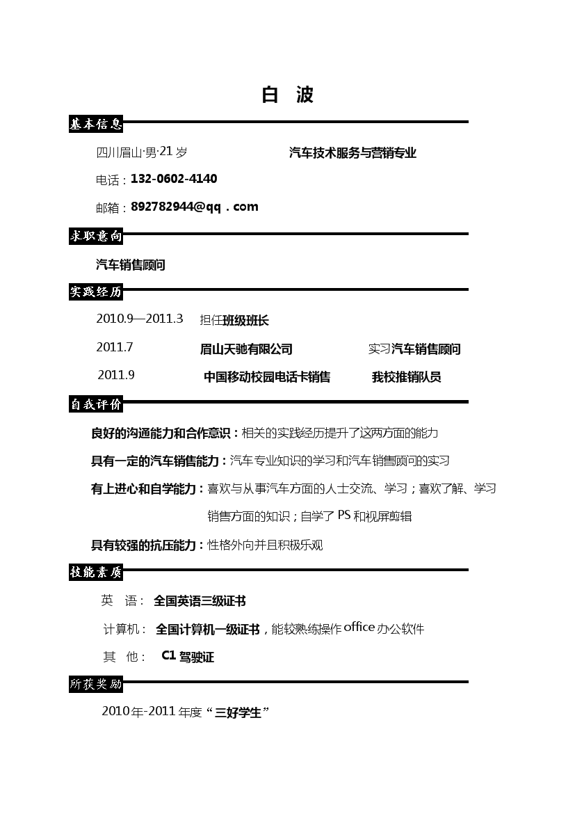 黑色块线条汽车销售罗列式简历模板免费下载